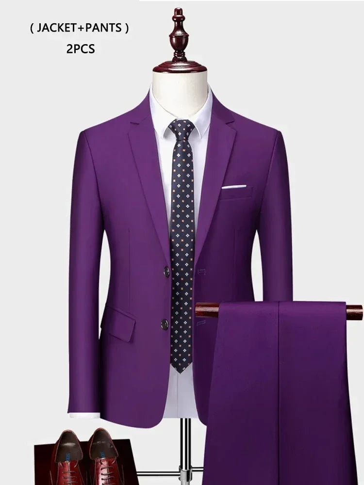 ( Jacket +Vest+ Pants ) Luxury Men's High-end Brand Solid Color Business Office Suit 3Pcs & 2Pcs Groom Wedding Party Suit Tuxedo