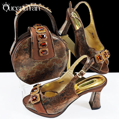 Luxurious Italian Women's Party Shoes&Bag Set Elegant Golden Rhinestone  Sandals with Peep Toe High Heels Wedding