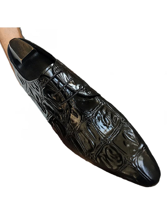 Business Men Crocodile Pattern Cowhide Genuine Leather Dress Shoes Lace Up Pointed Toe Derby Shoes Spring Wedding Formal Shoes