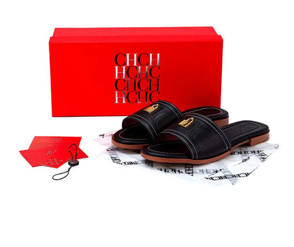 Fashion Monogram Print Elegant Design Women's Low Heeled Slippers Solid Color High Quality Metal Lock Simple Single Shoes
