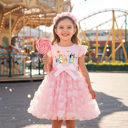 Vestido de Bebê Menina Bluey de Tule com Flores Vestido de Princesa para Casamento Tutu Sem Mangas Roupa de Festa para Fotos Presente de Aniversário