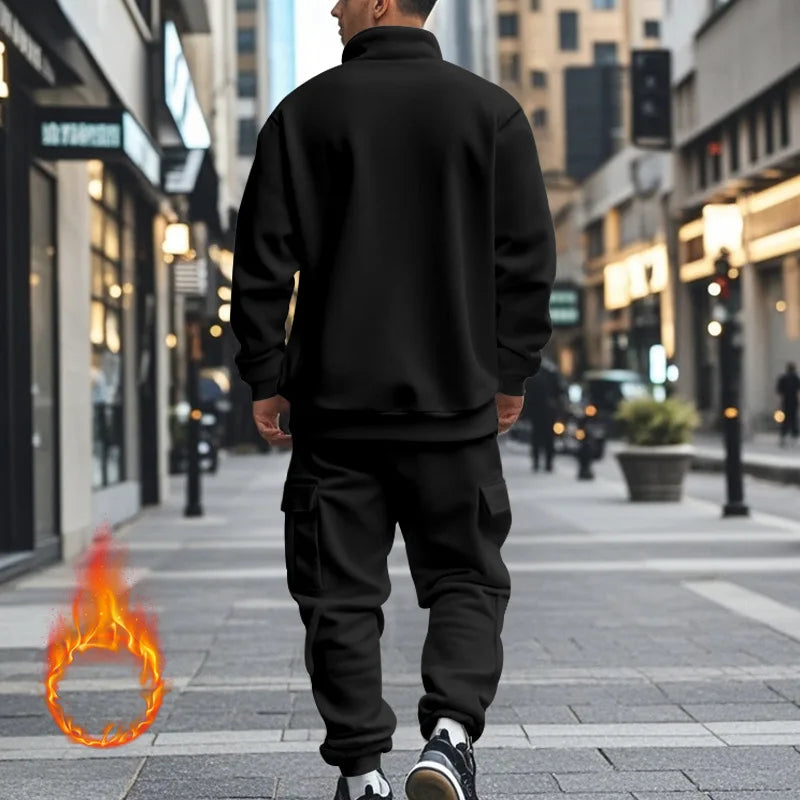 2024 autumn and winter men's casual velvet warm zipper sports trousers set