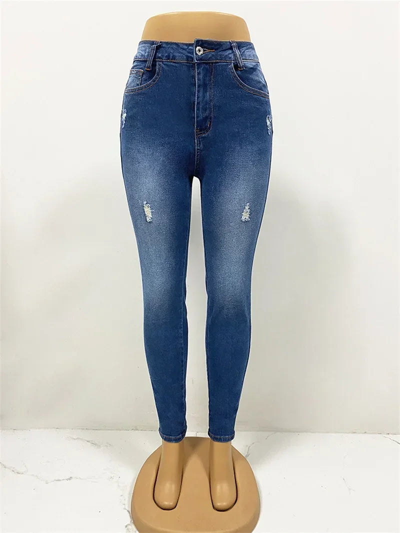 Calça Jeans Feminina Casual Skinny Lápis Cintura Alta Fina