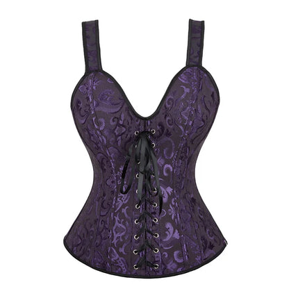 Overbust Corset Top with Straps Jacquard Corset Bustier Zipper Plus Size for Women Corset Dress with Skirt Black Red purple