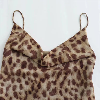 Leopard Print Tulle Slip Dress Woman Backless Summer Long Dresses For Women Vintage Sexy Party Dresses Midi Holiday Dress