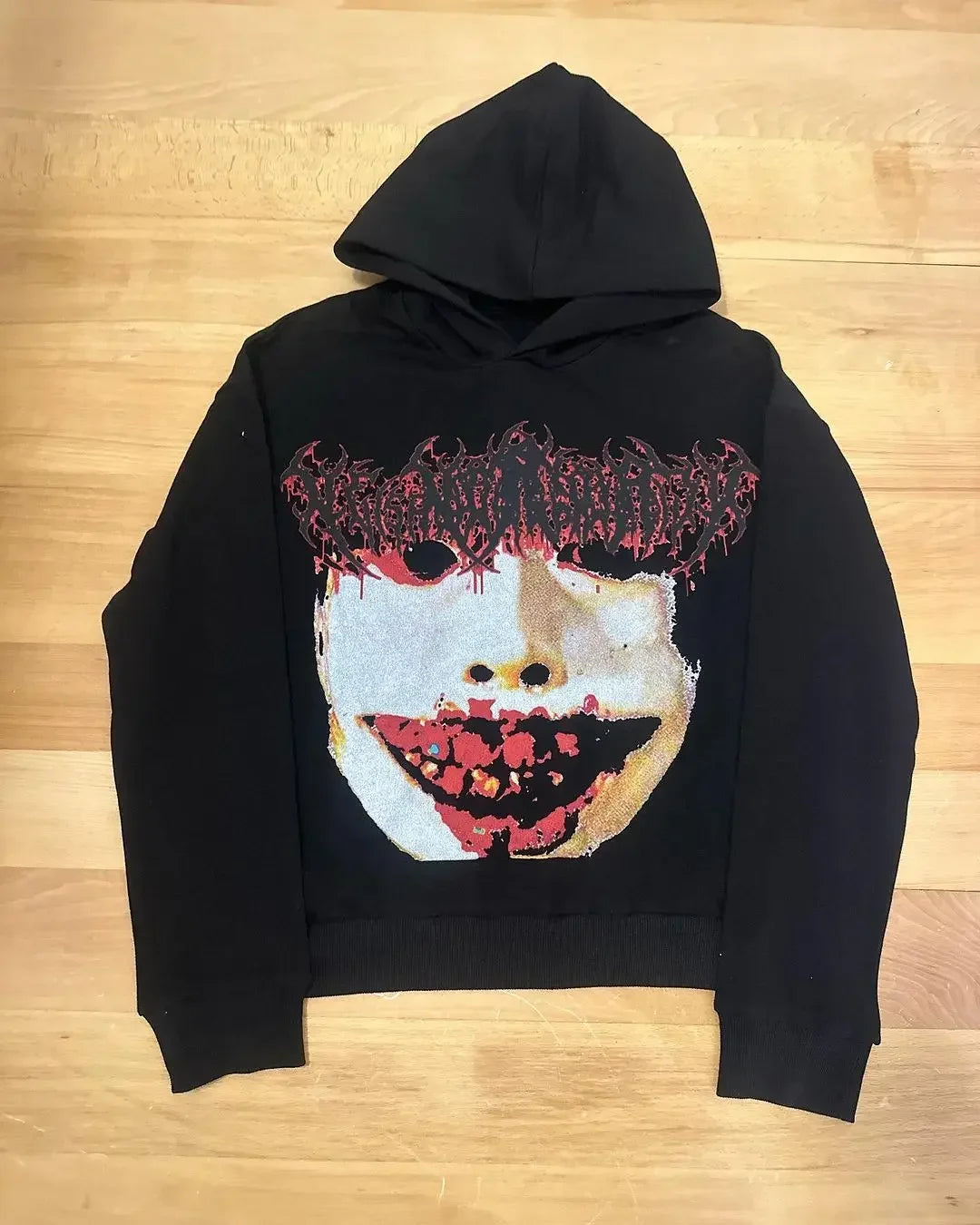 Mens Black Hooded Graphic Hoodie Horror Character Print Thriller Style Streetwear Unique Creative Design Express Individuality