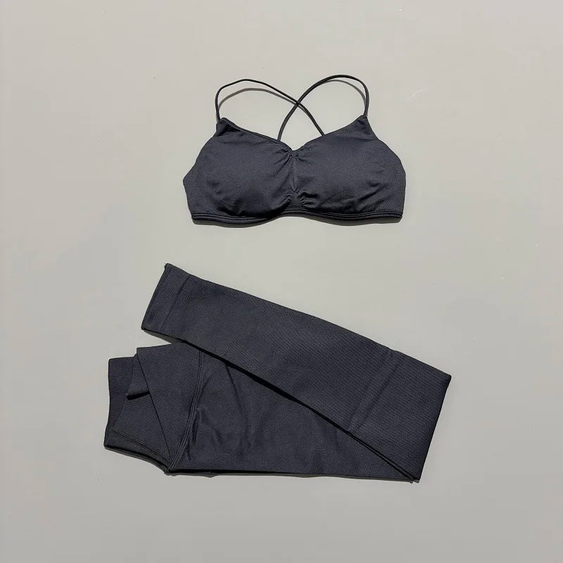 2 Piece Vision Sports Set Summer New Yoga Clothes Women Tracksuit Athletic Cross Backless Yoga Top Leggings Pilates Fitness Set