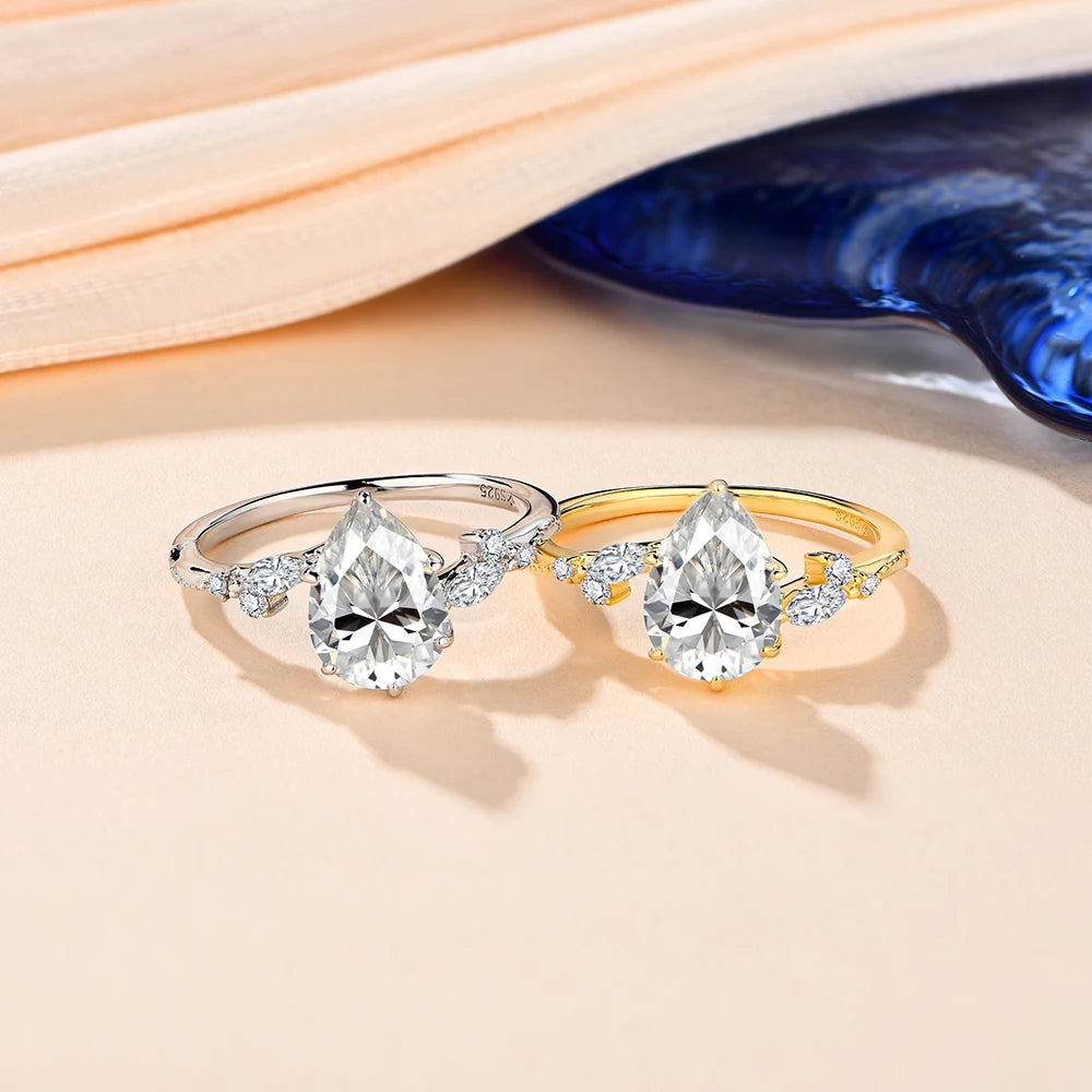Full Moissanite Ring 7*10mm 2.0CT DVVS1 Pear Shape S925 Sterling Silver For Women Engagement Bride Vintage Jewelry Gift