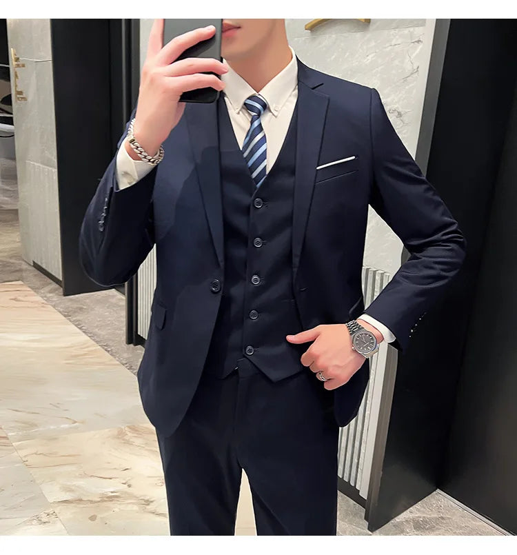 Men's High-Quality 3-Piece Business Casual Wedding Suit Vest Trousers Set Handsome Fashion Banquet Clothing S-6XL