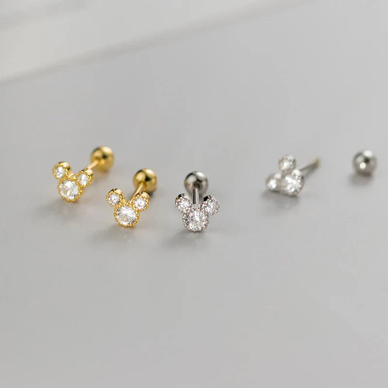 925 Sterling Silver Fashion Cute Cartoon Mouse Screw Bead Stud Earrings for Women Simple Chic Girl Party Jewelry Gifts