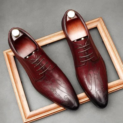 Stylish Letter-printed Men's Business Leather Shoes Korea Style Wedding Derby Shoes Lace-up Pointed Toe Dress Shoes Man Wine-red
