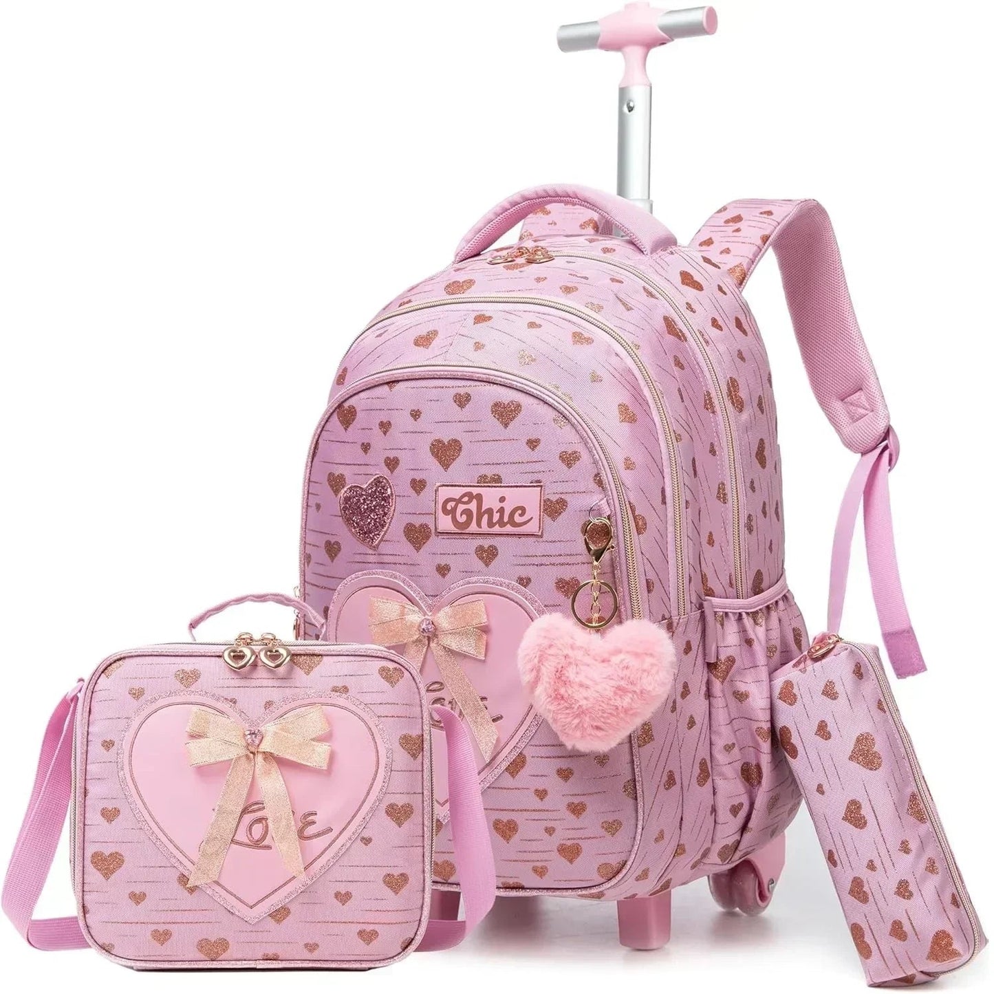 Children's Wheeled Backpack Bag Set with Lunch Box School Rolling Backpack Bag with Wheels School Trolley Backpack Bag for Girls