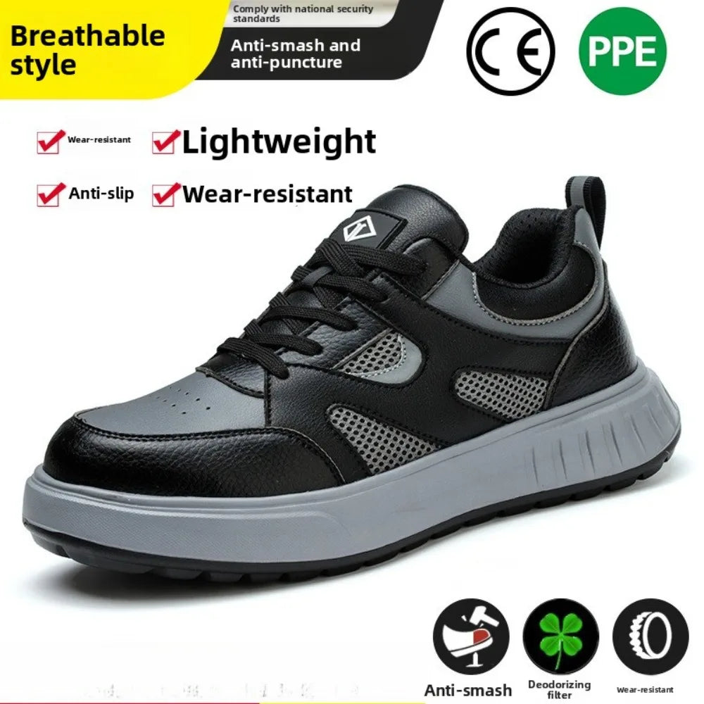 Men's Lightweight Casual Labor Protection Shoes Steel Toe Caps Anti Smashing Anti Piercing Wear-Resistant Work Footwear