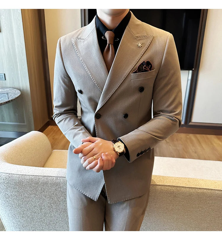 (Jackets+Pants) Luxury Double Breasted Design Slim Fit Suit High Quality Fashion Men's Wedding Social Suit Tuxedo 2 Piece Set