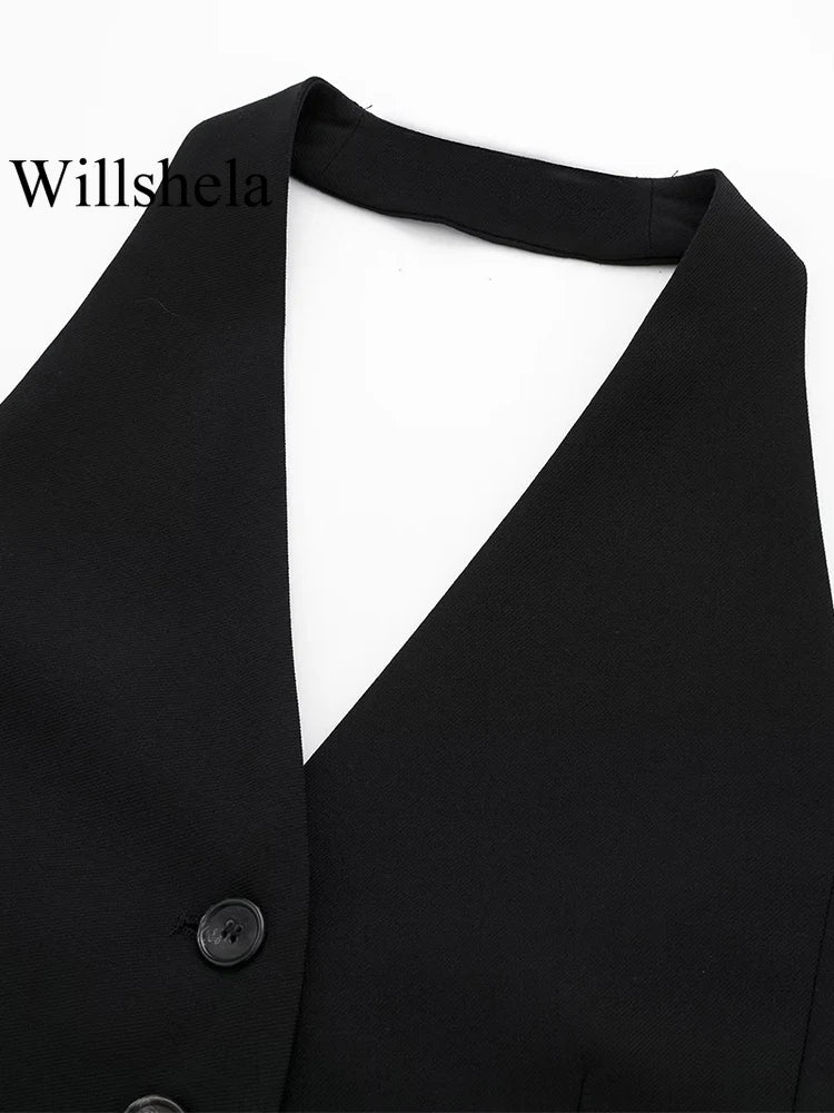 Women Fashion Black Backless Lace Up Waistcoats Vintage Halter Neck Sleeveless Jackets Female Chic Lady Tank Tops