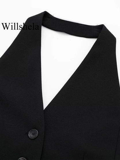 Women Fashion Black Backless Lace Up Waistcoats Vintage Halter Neck Sleeveless Jackets Female Chic Lady Tank Tops