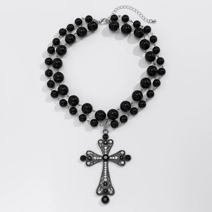IngeSight.Z Trendy Goth Large Cross Pendant Necklace Elegant Charming Imitation Pearl Woman Choker Y2K Neck Jewelry Accessories