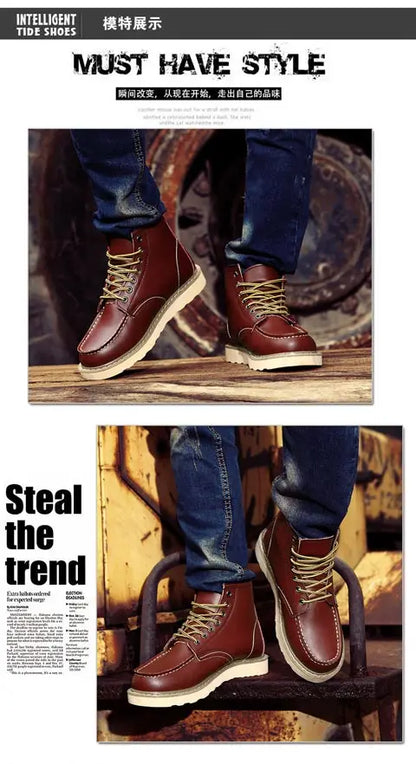 High-top men's leather shoes Fashion motorcycle ankle boots Autumn and winter lace-up casual work men's shoes leather flats