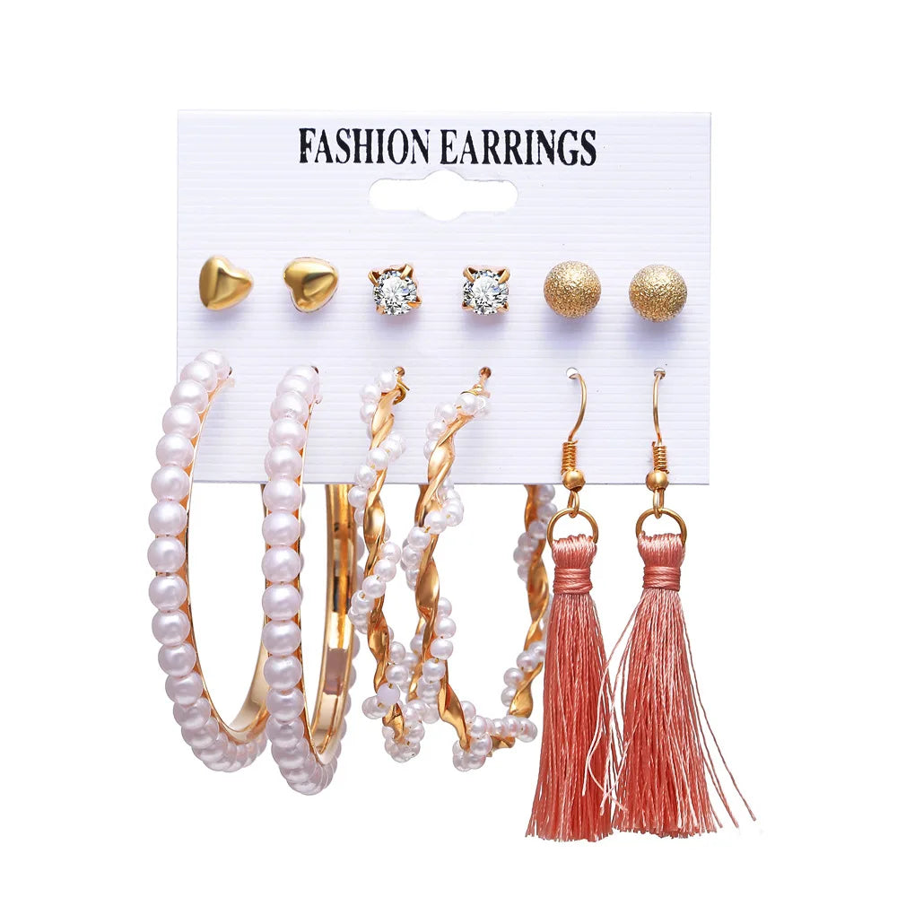Fashionable Pearl Note Butterfly Geometric Tassel Stud Earrings Women Suit Elegant Charm Engagement Party Jewelry