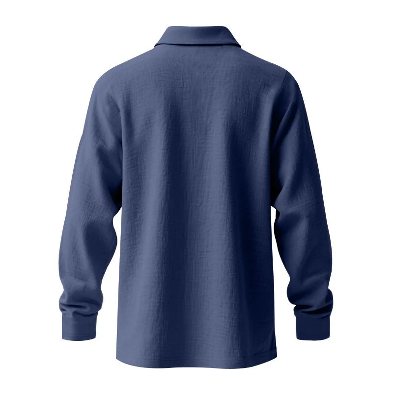 Linen shirt stand-up collar button-down men's loose casual breathable V-neck long-sleeved polo shirt