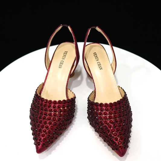 Pointed Toe Heels for Women 2023 Elegant Party Wine Color Full Diamond Pumps Italian Shoes and Bags Matching Set