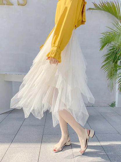 Women Sweet  Midi Spring And Summer High Waist Solid Asymmetrical Elegant Chic White Mesh Tulle Skirts Faldas