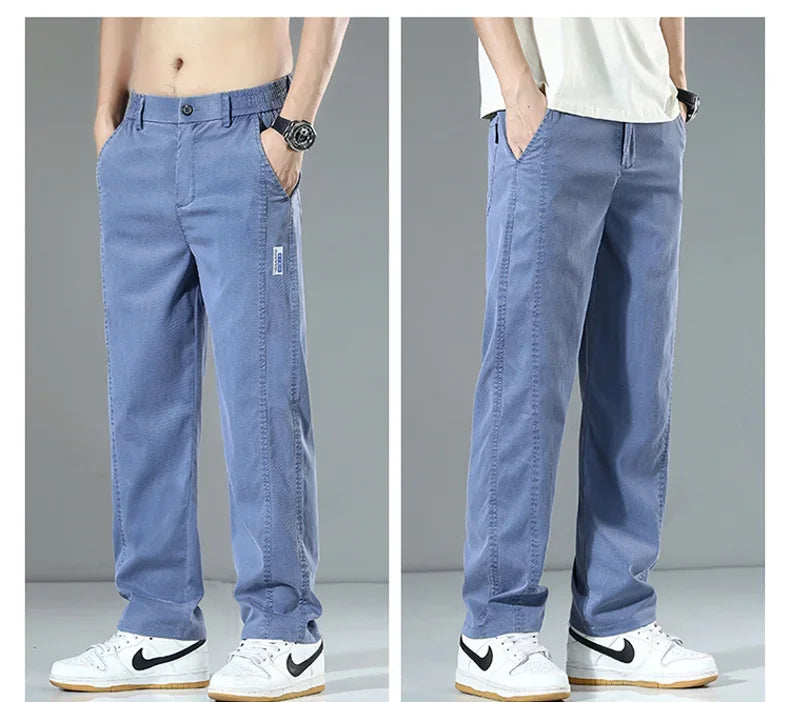 Summer Thin Men's Loose Straight Jeans Lyocell Soft Drape Business Casual Trousers Classic Smoke Gray Brand Ice Silk Denim Pants
