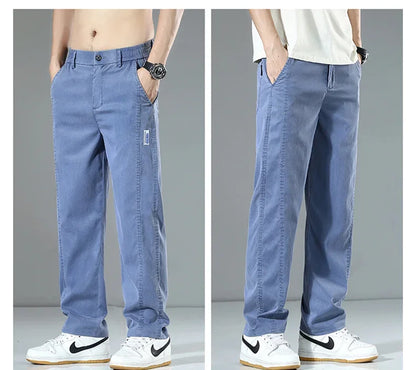 Summer Thin Men's Loose Straight Jeans Lyocell Soft Drape Business Casual Trousers Classic Smoke Gray Brand Ice Silk Denim Pants