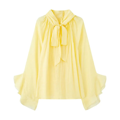 Bow DecorationLoose Long Sleeved Blouses For Women New Fashion Ruffle Edge Shirts and Blouses Woman Top