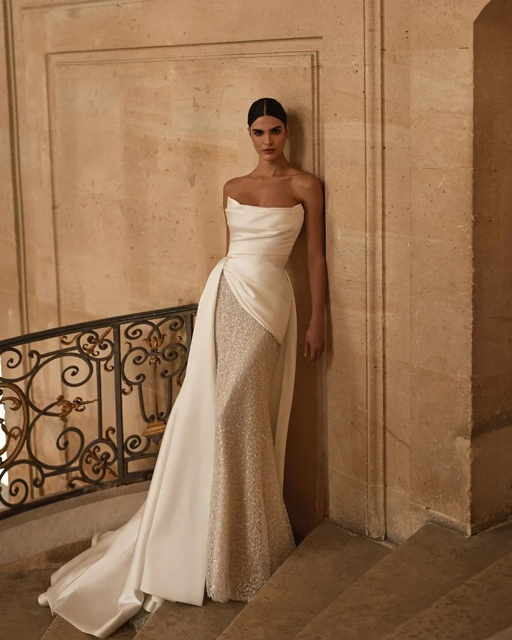 Customized Simple Strapless Mermaid Wedding Dress Shiny Sequin Beading Satin Detachable Train Pleat Bridal Gown Vestido De Novia