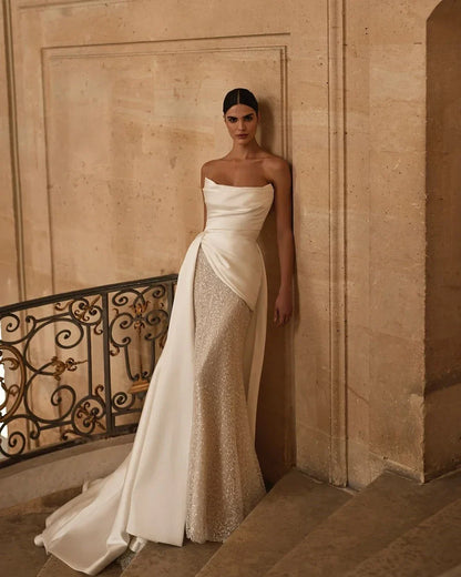 Customized Simple Strapless Mermaid Wedding Dress Shiny Sequin Beading Satin Detachable Train Pleat Bridal Gown Vestido De Novia