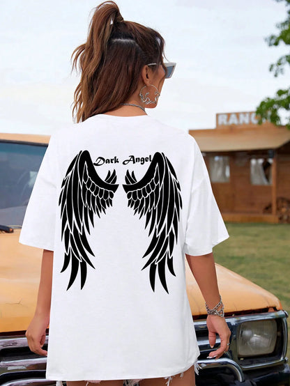Camisetas estampadas de asa de anjo preta venda quente para mulheres, roupas largas oversized, camiseta de rua hip hop, algodão, manga curta
