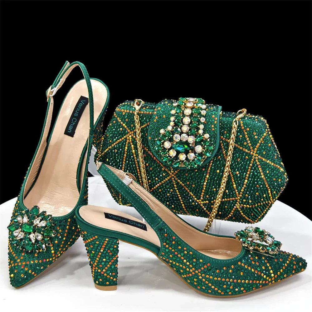 Nigerian Women Heel Party Ladies Italian Design Shoes And Bag Set Decorated with Rhinestone Handbag Wedding Party