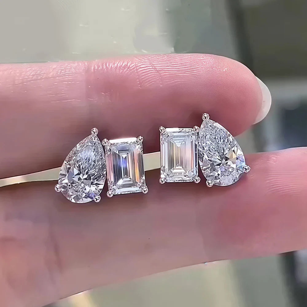 4cttw Radiant/Emerald&Pear Cut Moissanite Stud Earring with Certificate 2Diamond Ear Studs for Women Wedding S925 Silver Jewelry