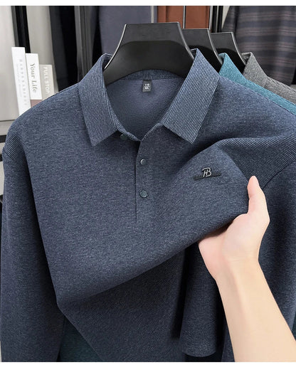 Fashion brand men's long sleeve polo shirt soft plush warm comfort new letter embossed solid color business casual lapel T-shirt