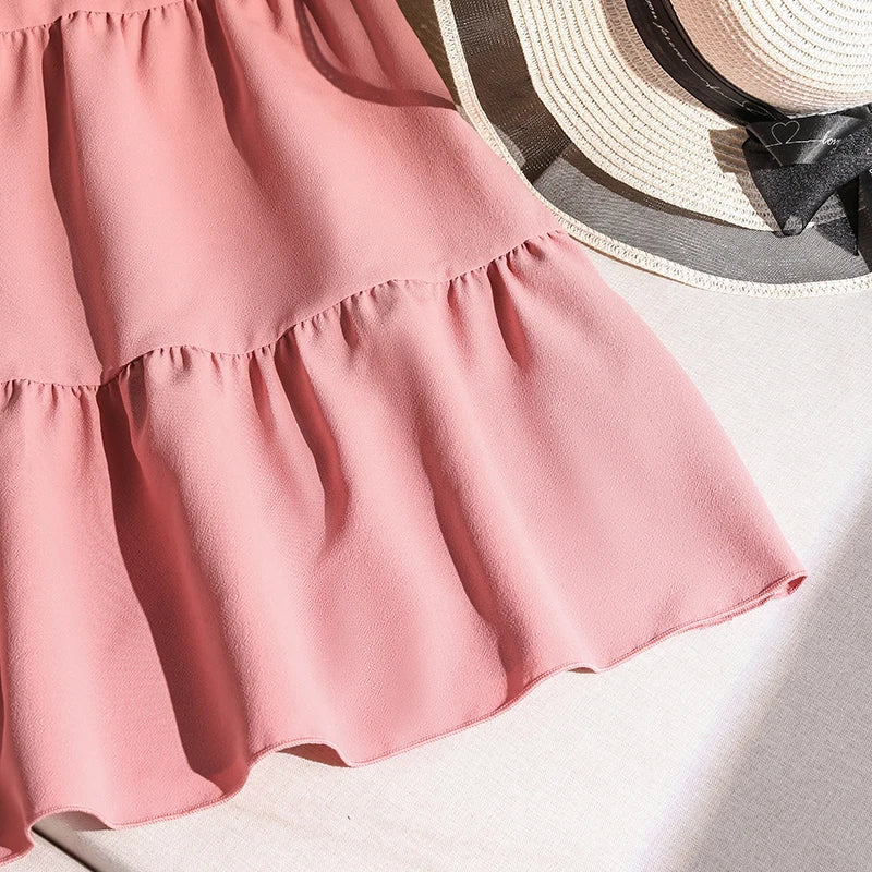 Girls 8-12 Pink Tiered Dress, Front Halter Neck Design & Tiered Ruffle Skirt, Casual Kids Wear