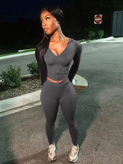 Casual Women 2 Piece Set Classic Tracksuits Solid Long Sleeve Zip-up Hood Tops+Slim Elastic Pants Sporty Concise Outfits