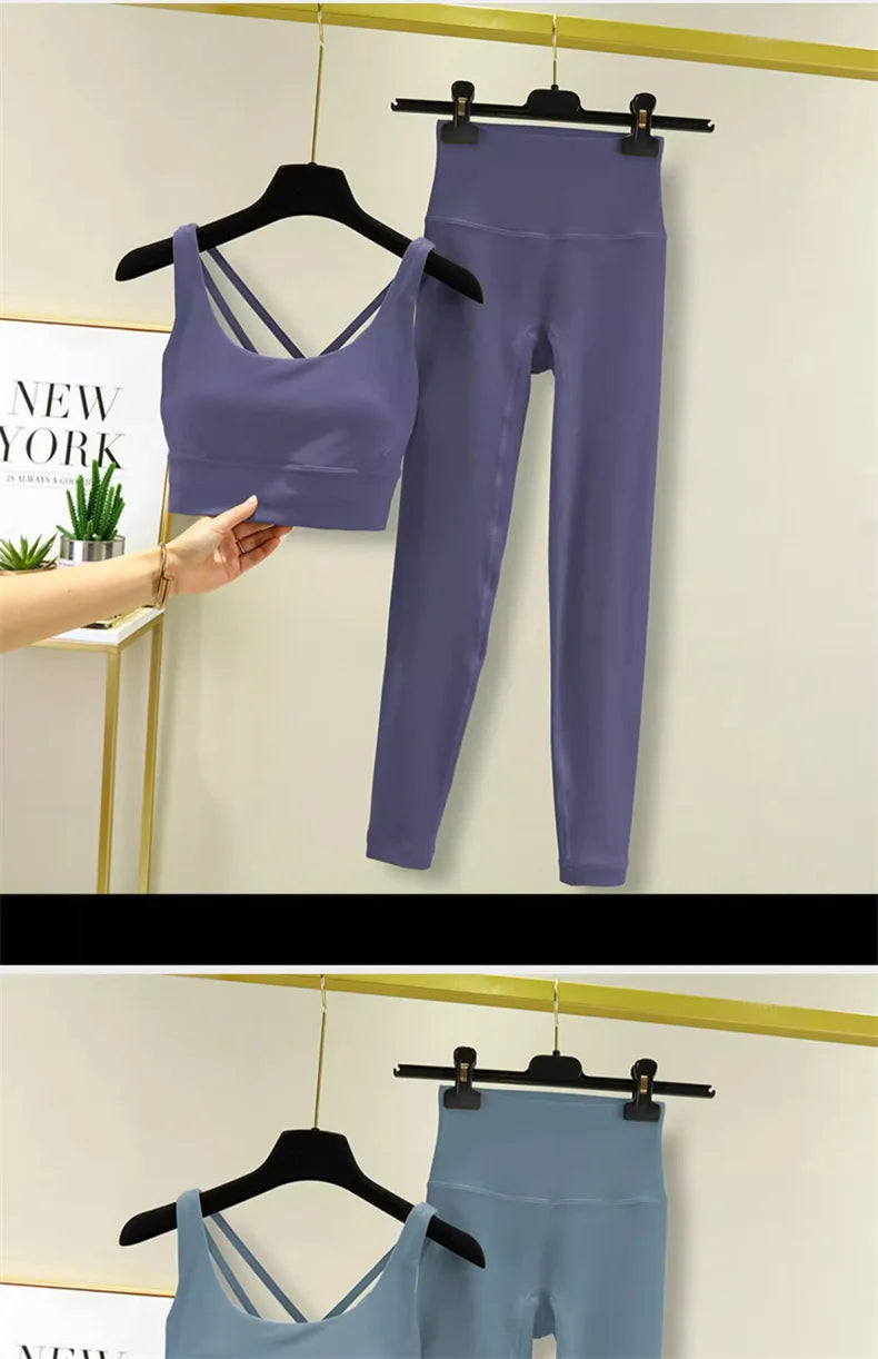 TRY TO BN Tummy Control Gym Set 2 Piece High Waisted Leggings Cross Bra Squat Proof Fitness Breathable Yoga Outfits Workout Set