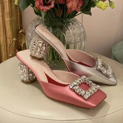 Summer Rhinestone Pumps Women Square Toe Mules Female Crystal High Heels Women Shoes Femmes Chaussures sandalias de las mujeres