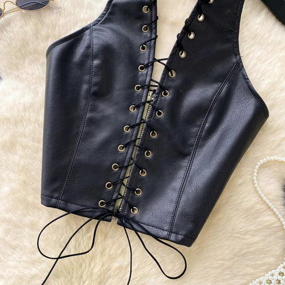 New Sexy Crop Top Inside Women Black PU Leather Rope Strap Hollow Out Punk Style Tank Tops Vest Fashion Backless Club Party Wear