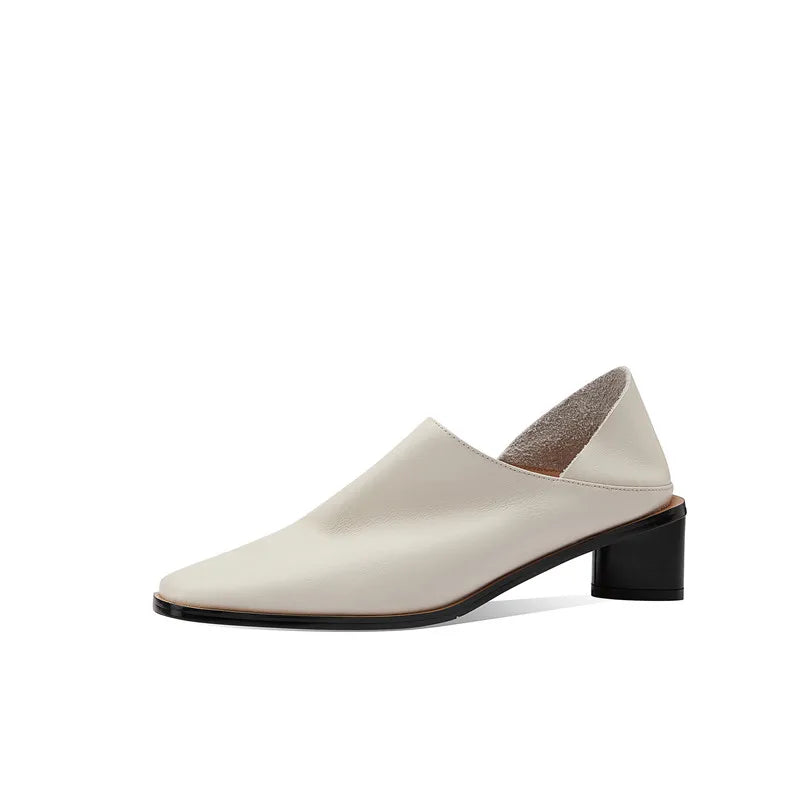 2025 Hot Sale slip-on Genuine Leather Women Pumps Square Toe Med Thick Heels Soft Upper Pumps Office Ladies Dress Shoes