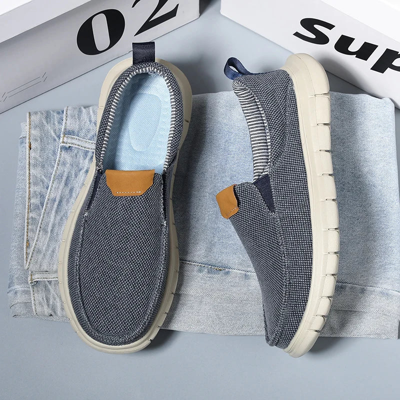 Sapatilhas casuais masculinas de lona estilo britânico, para uso externo, mocassins, moda slip-on, sapatilhas macias e simples, confortáveis, feitas à mão, sapatos de barco para dirigir, sapatos de grife