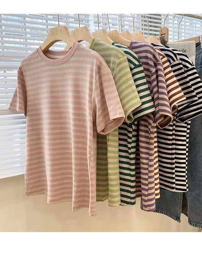 Summer Short Sleeve Striped T-Shirts Versatile Women Knitted Basic Casual Tops Female Cozy Loose Cotton Tees 2023 Harajuku Shirt