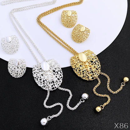 18K Gold Plated Necklace And Earrings For Women Set 85cm Long Chain Dubai Gold Color Silver Color Jewelry Adjustable Length 3pcs