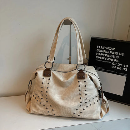 Autumn/Winter Retro Commuter Single Shoulder Bag for Women 2025 New Rivet Tote Bag Large Capacity Travel Handbag