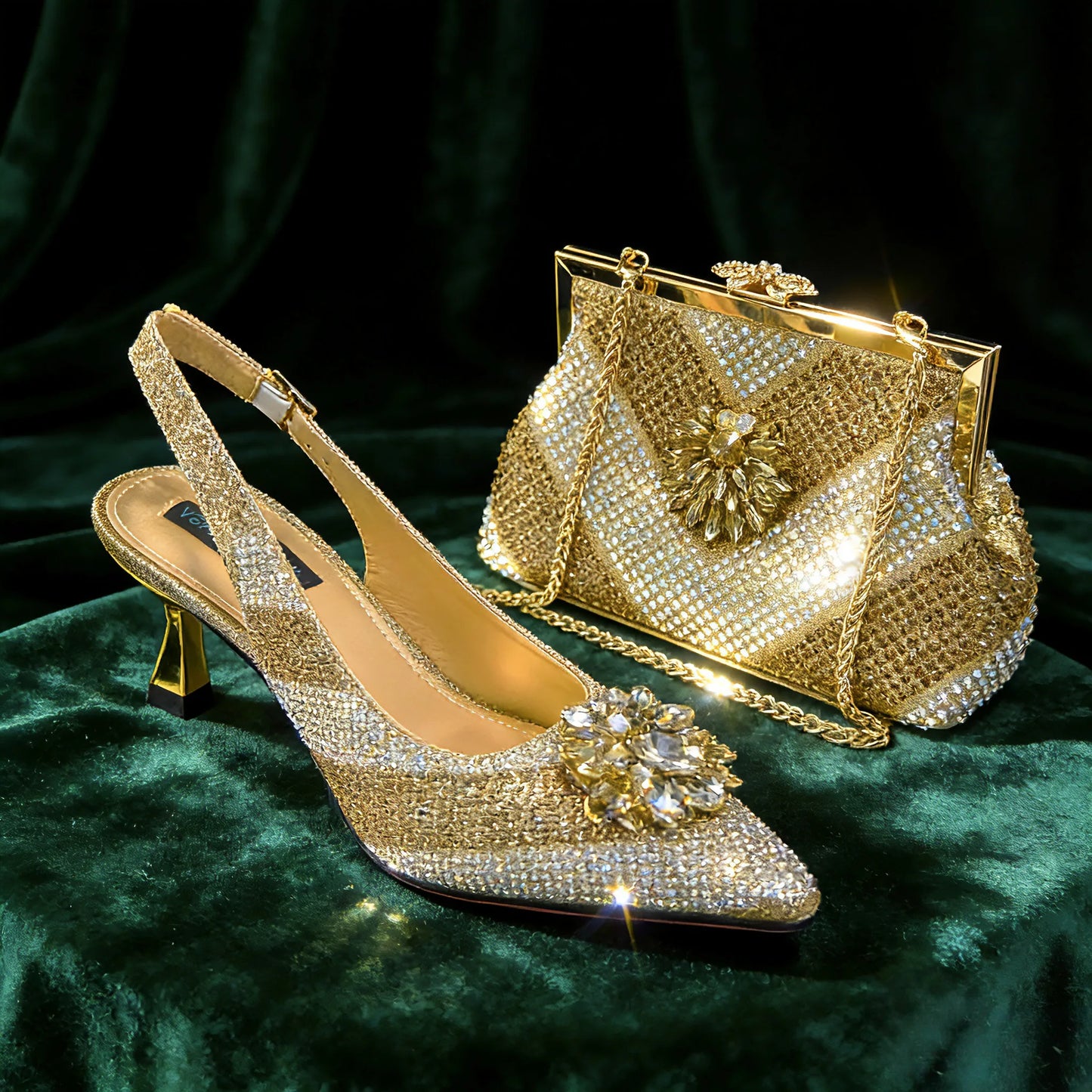 Italian Luxury Rhinestone Wine Pointed Toe High Heels with Matching Bag Set – Ideal for Parties and Special