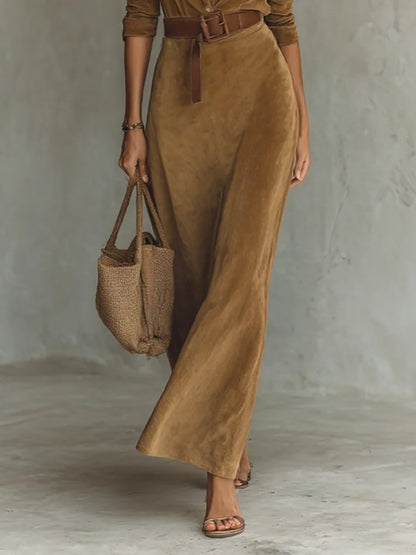 Women's Minimalist Solid Color Belted Lapel Shirts Dress Long Sleeves Split-Joint High Waisted Casual Office Maxi Dresses