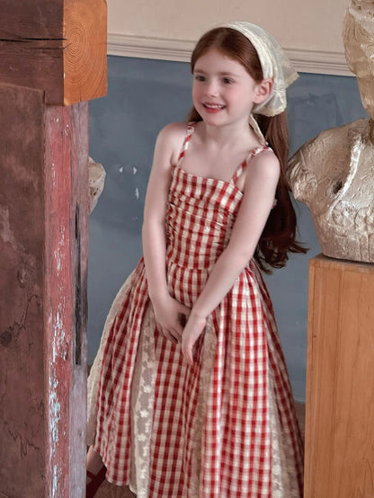 2025 Summer New Children Fairy Long Dress for Girls French Red Checkered Lace Splicing Lace Strap Dress