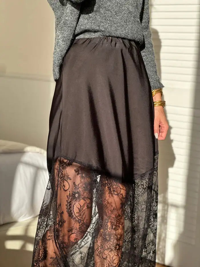 Lace Stitching Skirt Women's Casual Midi Skirt High Waist A-Line Skirt with Pockets Solid Color