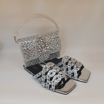 Pretty Soft Flat Shoes With Bag Set For Woman Fashion Style Rhinestone Party Slippers And Women Purse Latest Design